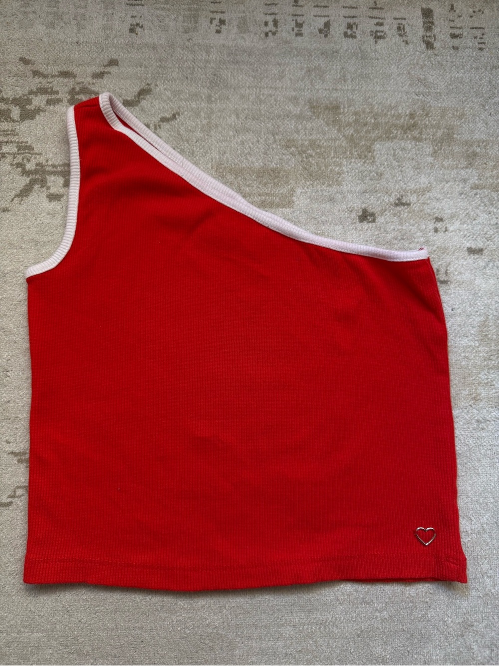 Zara Girls Red One Shoulder Ribbed Top Pink Trim Heart Detail 11-12